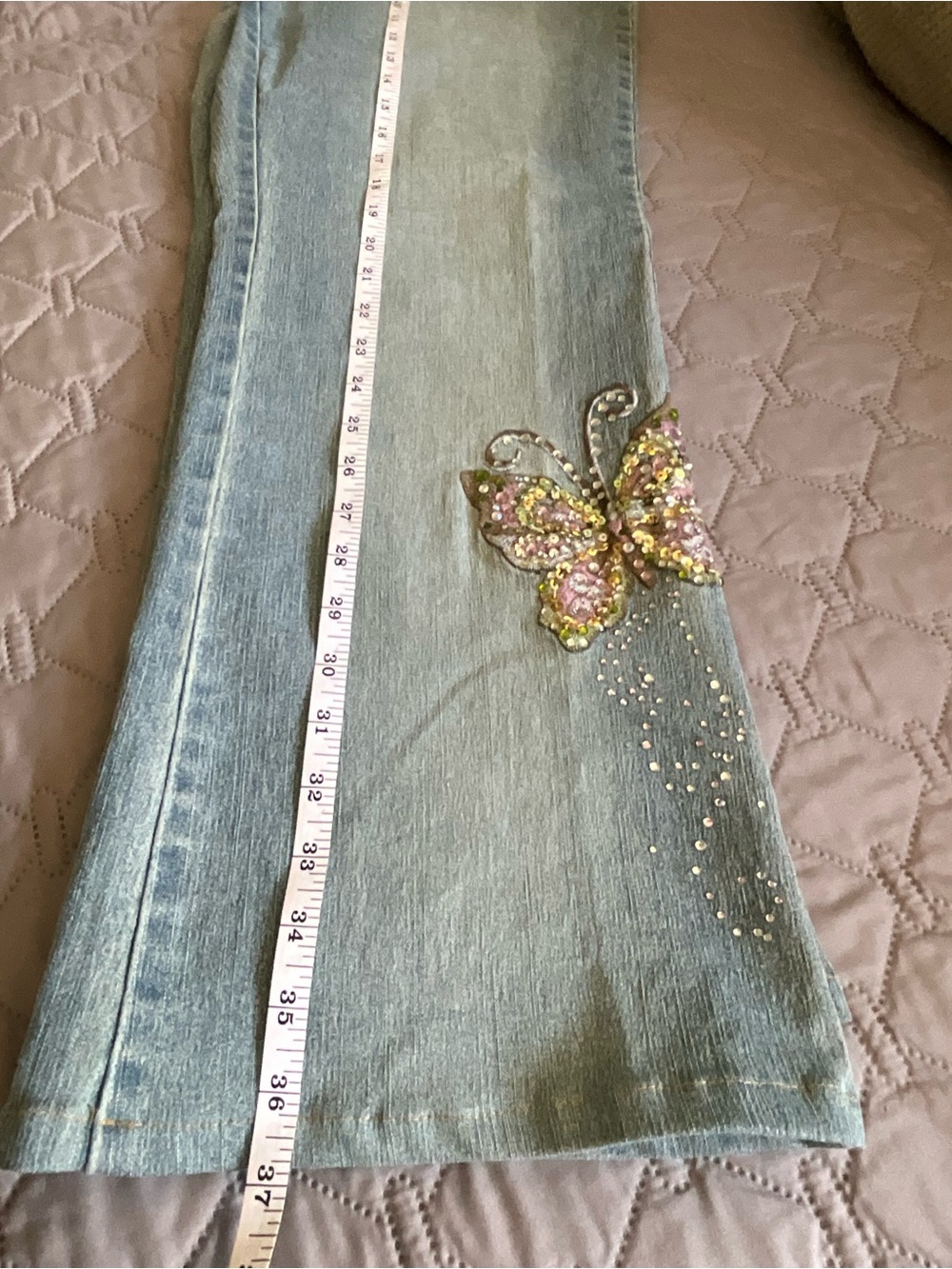 Angels Light Blue Boot Cut Jeans with Pink & Yellow Embroidered Butterfly - Picture 6 of 10
